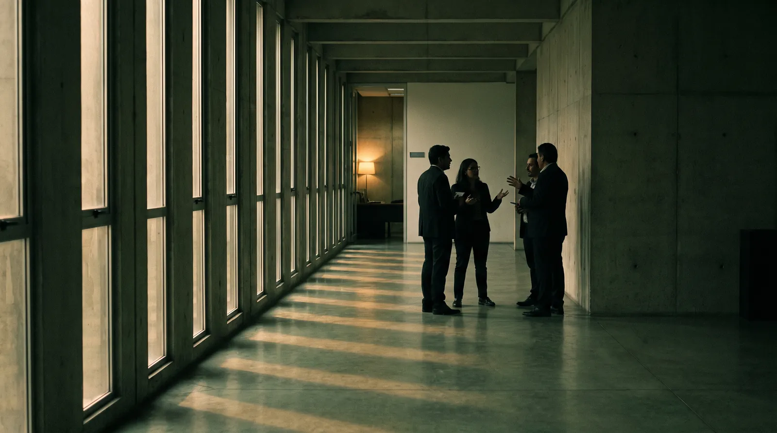 Profesionales conversando en el pasillo de un edificio institucional